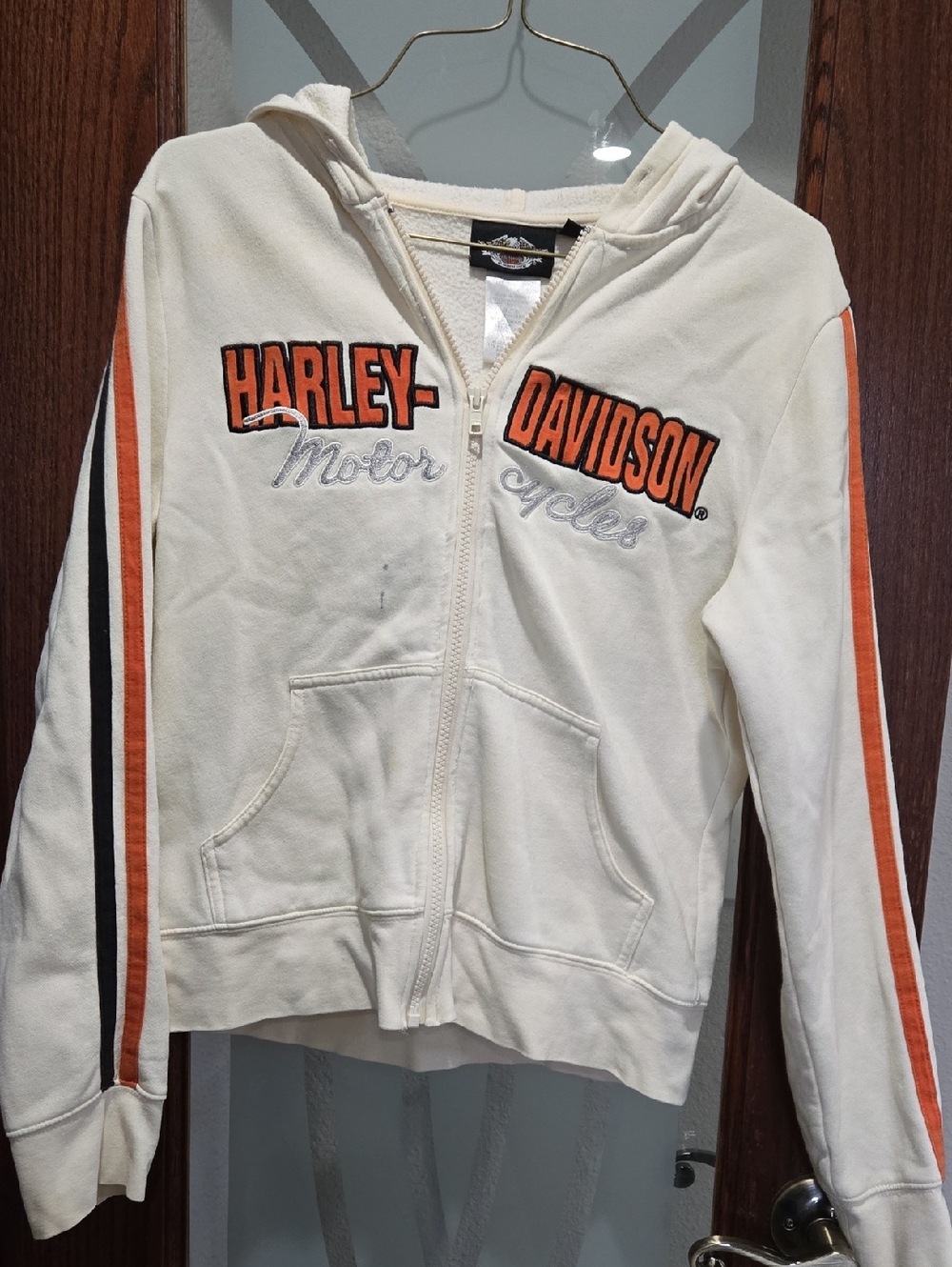 Harley-Davidson Cream Hoodie with Orange and Black Stripes